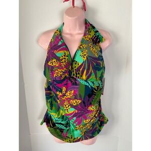 Into The Bleu Tropical Leaf Halter Tankini Set XXL Multicolor Teal 273187 NEW